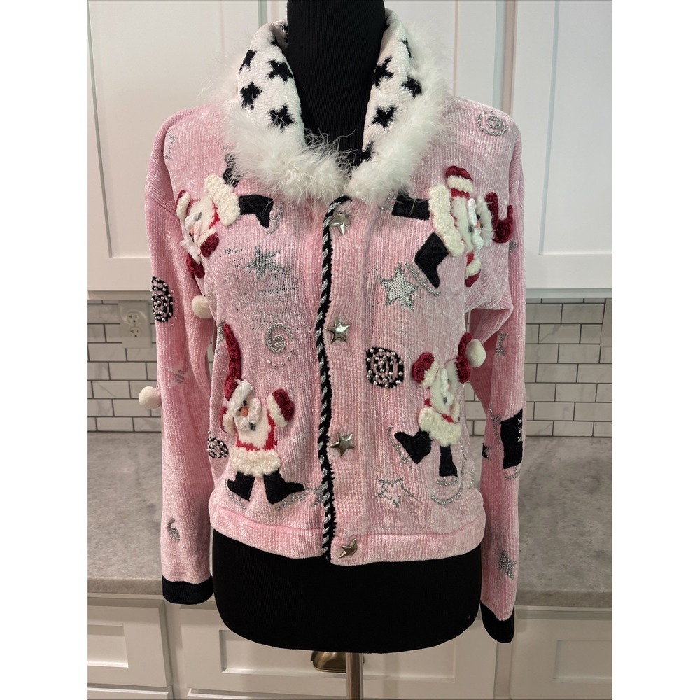Berek Studio Sweater Womens Small Pink Cardigan Santa Christmas Holiday Party